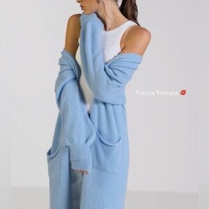 HALOGEN PLUSH CABLE KNIT OPEN FRONT POCKET CARDIGAN DUSTER IN BLUE STORK